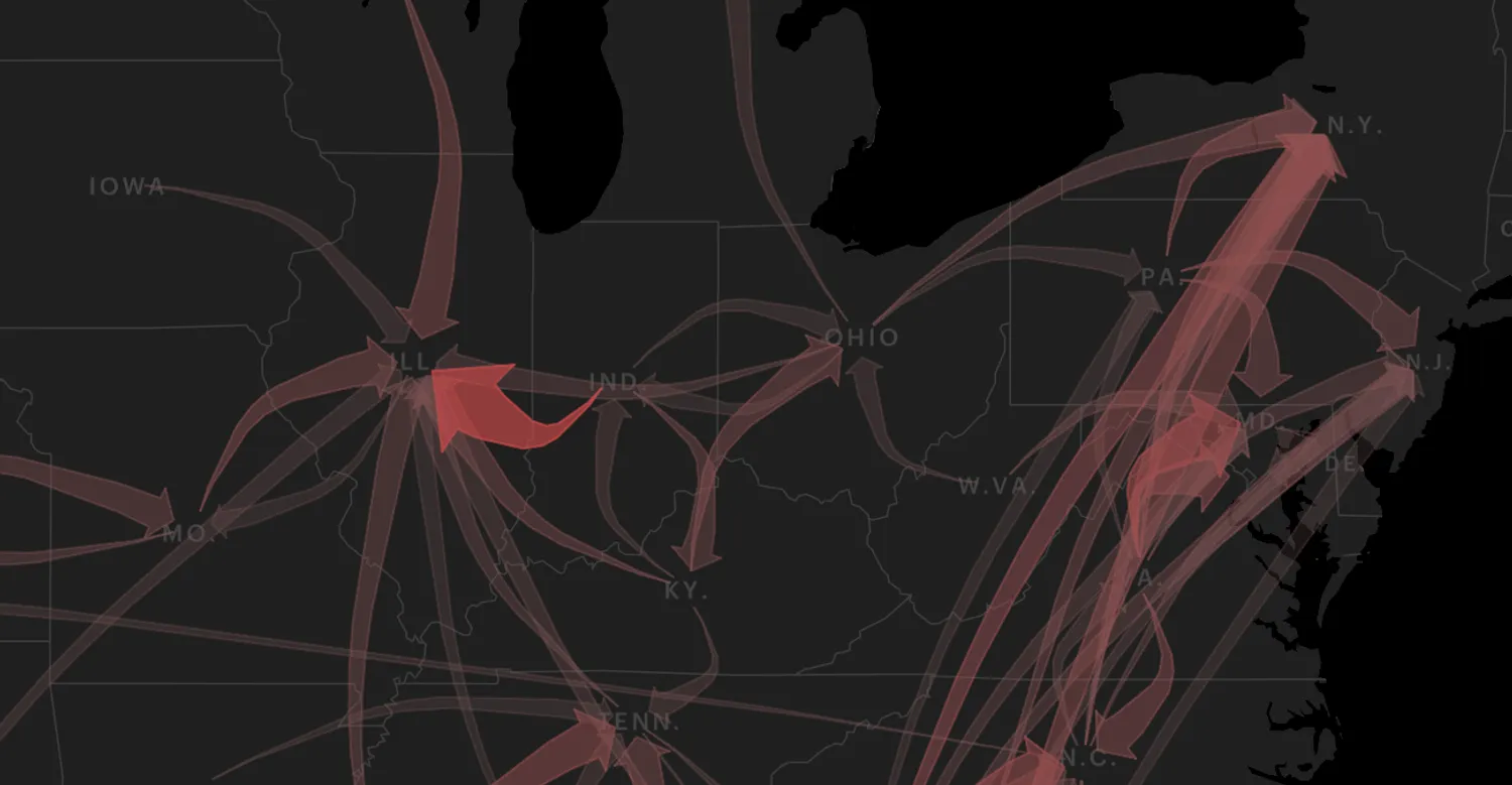 Map of arrows representing the volume of guns traced between states.