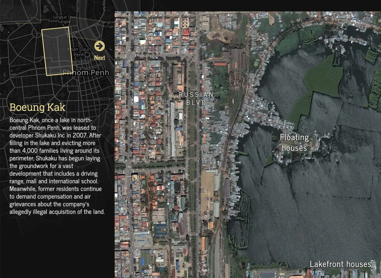 Satellite map presentation showcasing timelapses of major infrastructure developments in Phnom Penh.