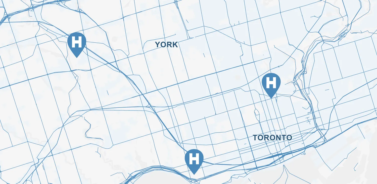 A map of hospital locations in Toronto.