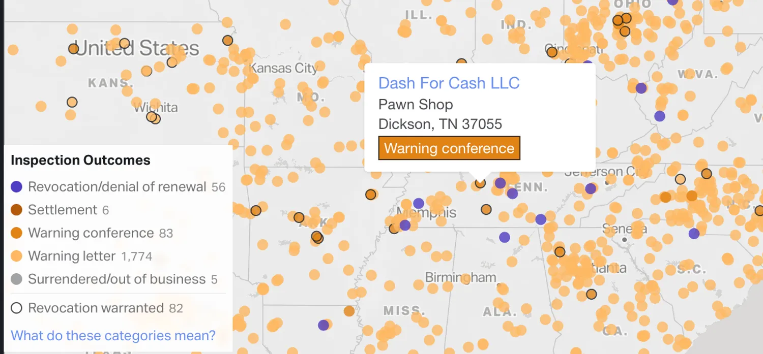 A map and table of gun dealer inspections.