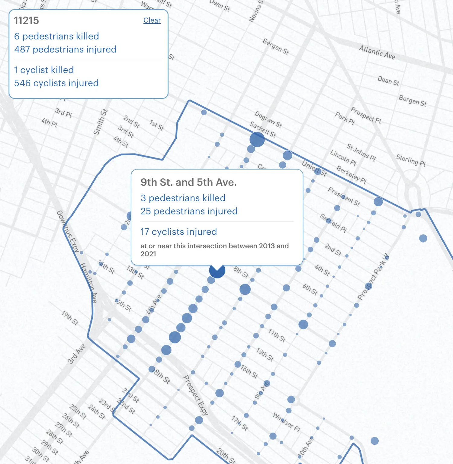 A map of road fatalities in Park Slope.