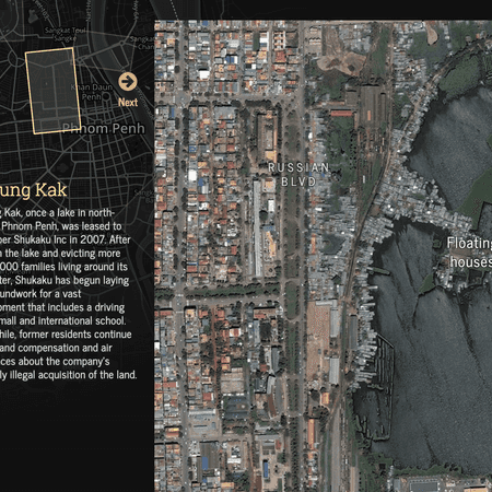 Satellite map presentation showcasing timelapses of major infrastructure developments in Phnom Penh.