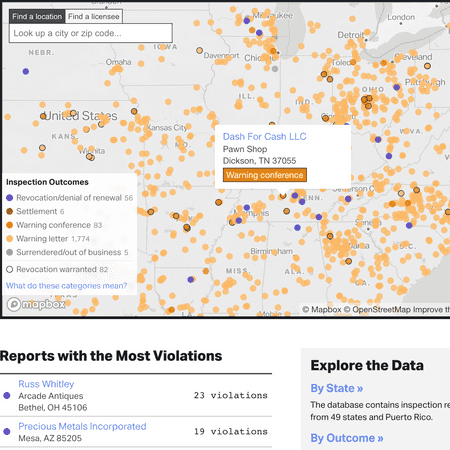 A map and table of gun dealer inspections.